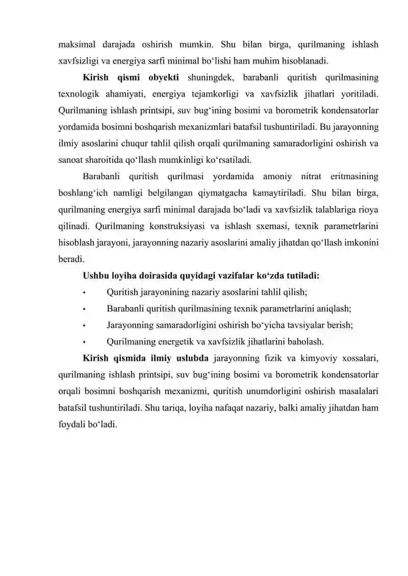 Unumdorligi  G= 7.9 kg/sek bo'lgan  KNO (3) ni Wb=3.5 % dan W(0)=0.3 %gacha quritish  uchun barabanli  quritish  qurulmasini hisoblang va loyihalang  Suv bug'uning bosimi P(a,b,c)=0.29 MPa  Borometrik kondensatorlardagi bosim  P= 0.03MP(a) 3