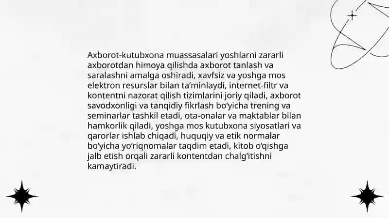 Axborot-kutubxona muassasalarida yoshlarni zararli axborot va hurujlardan himoya qilish hamda kitob oʻqishga jalb etish 3