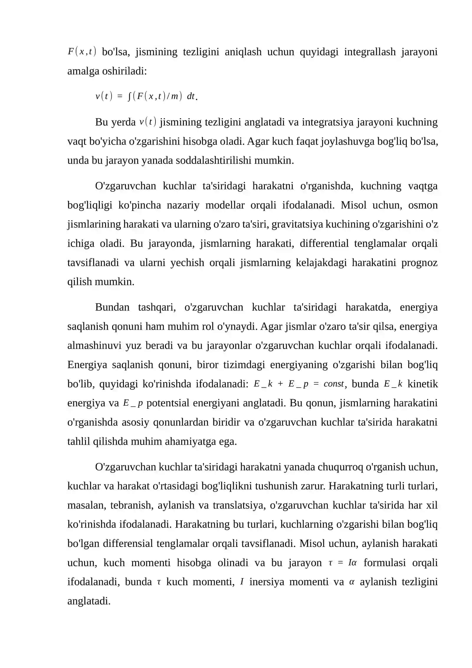 O'zgaruvchan kuchlar ta'siridagi moddiy nuqtaning harakat differensial tenglamalari va ularni integrallash 3