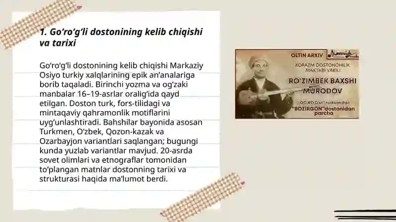 Goʻroʻgʻli turkumidagi doston haqida tushuncha va xalq orasida ommalashishi baxshilar tomonidan kuylanishi 3