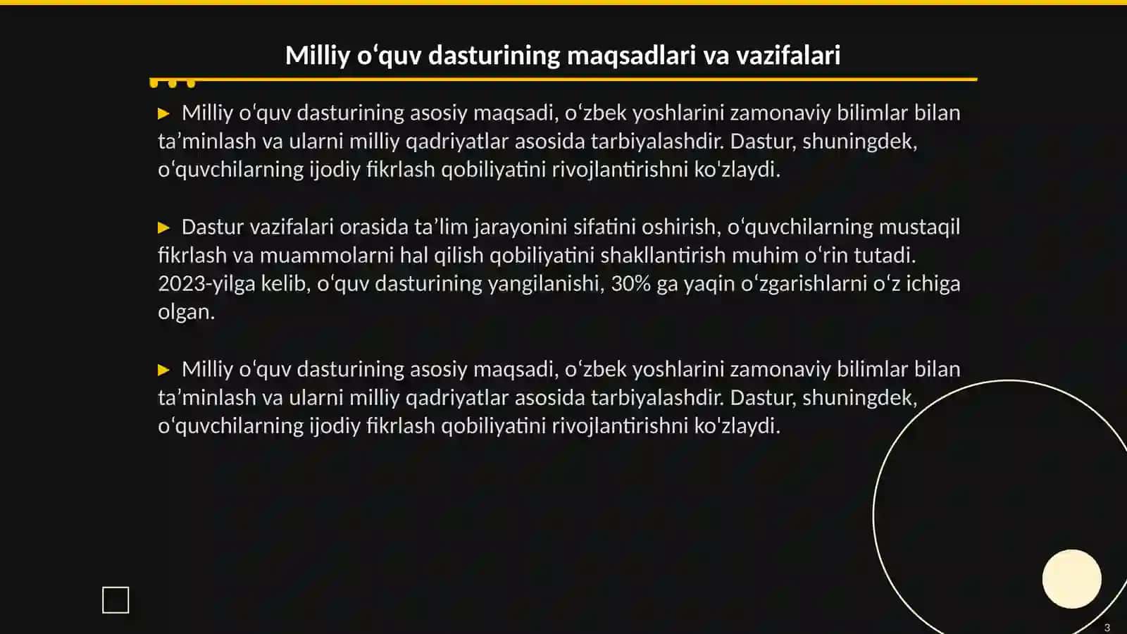 Milliy o‘quv dasturining mazmun-mohiyati.O‘zbekistonda yangi avlod darsliklarining yaratilishi.Steam yondoshuv 3