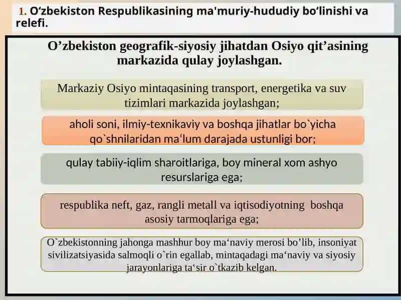 O‘zbekistonning tarixiy geografik o‘rni va tabiiy iqlim sharoitlari 3