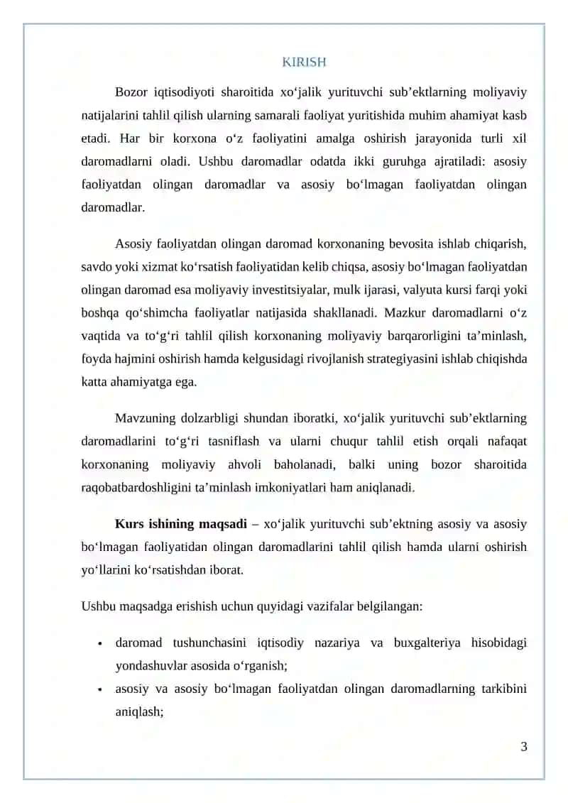 Xo‘jalik yurituvchi sub’ektning asosiy va asosiy bo‘lmagan faoliyatidan olingan daromadlari tahlili 3