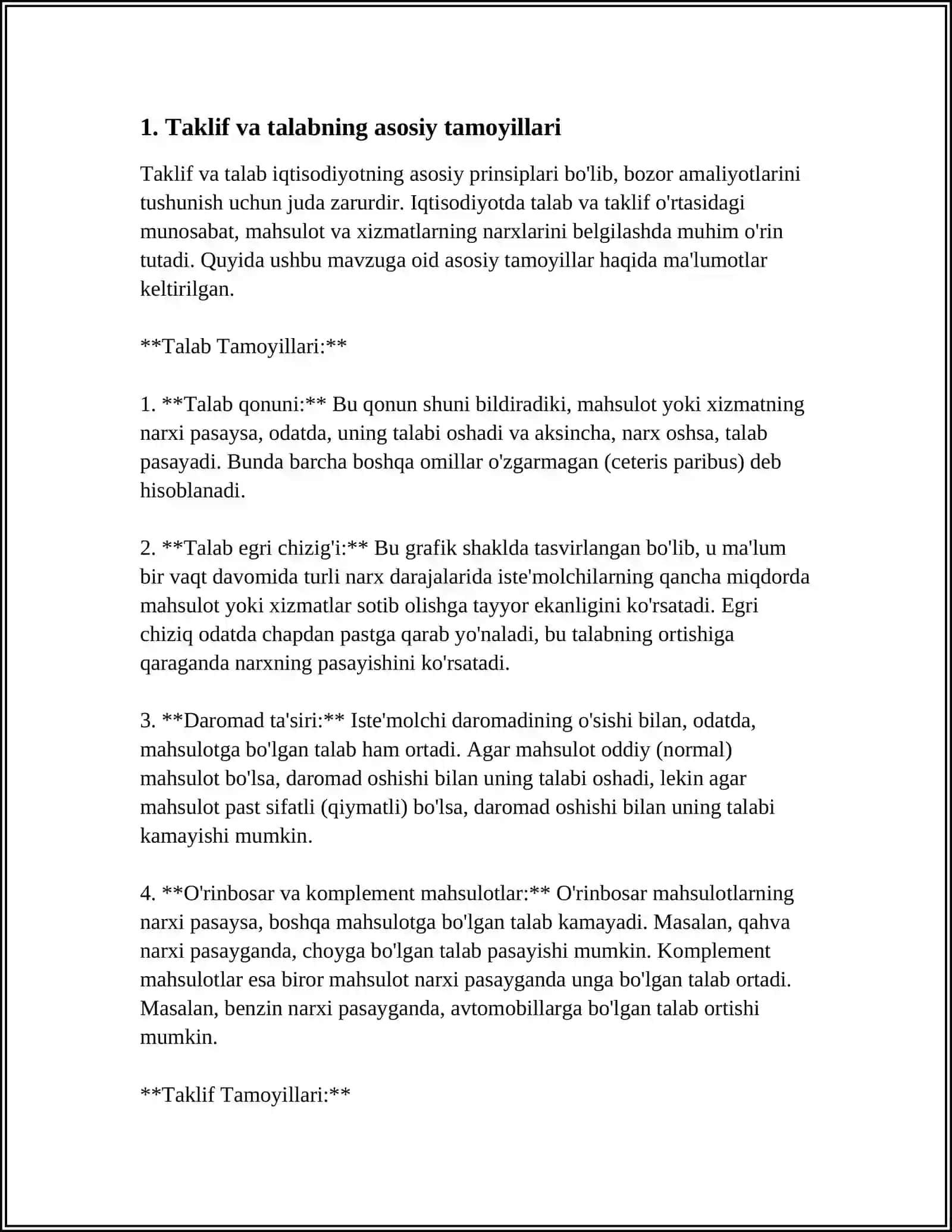 TALAB VA TAKLIF NAZARIYASI. BOZOR MUVOZANATI 3