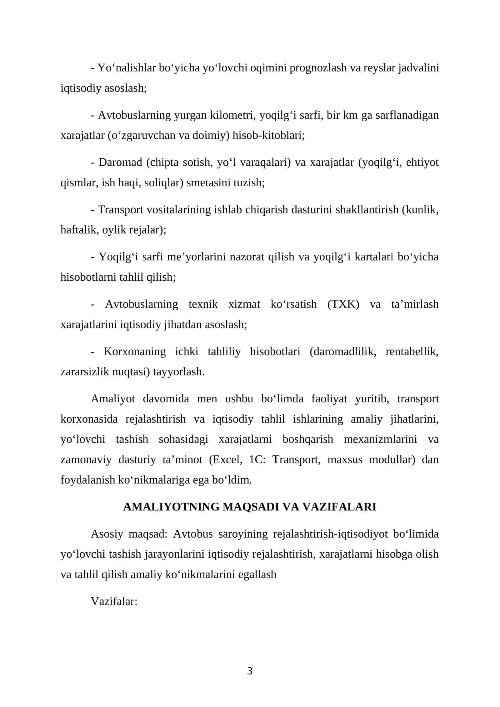 “AVTOBUS SAROYI” MCHJDA OʻTAGAN MALAKAVIY AMALIYOTI HISOBOTI 3