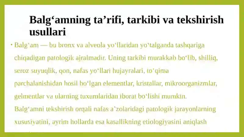 Balg’am va plevra suyuqligini labarator tekshirish.O’pkani funksional va instrumental tekshirish usullari;spirometriya,pnevmotaxometriya,oksigemometriya,O’pkani rentgenologik tekshirish. 3