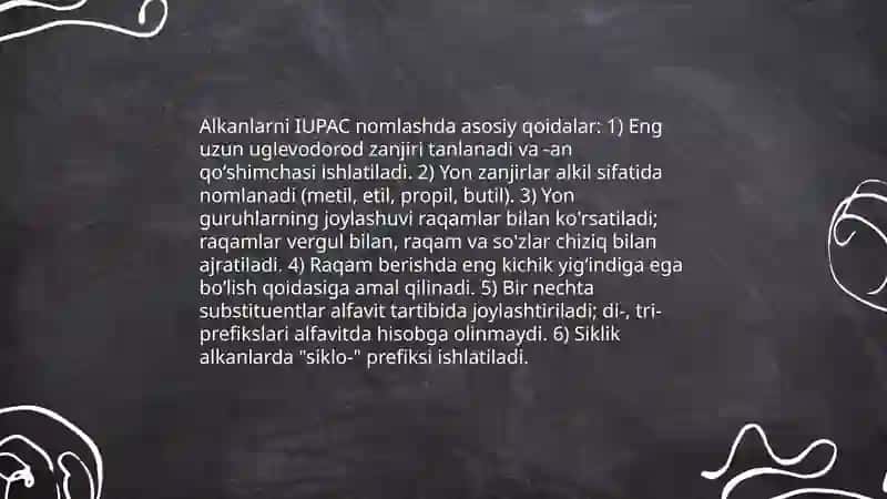 Alkanlarning nomenklaturasi,olinishi,fizikaviy va kimyoviy xossalari,ishlatilishi 3