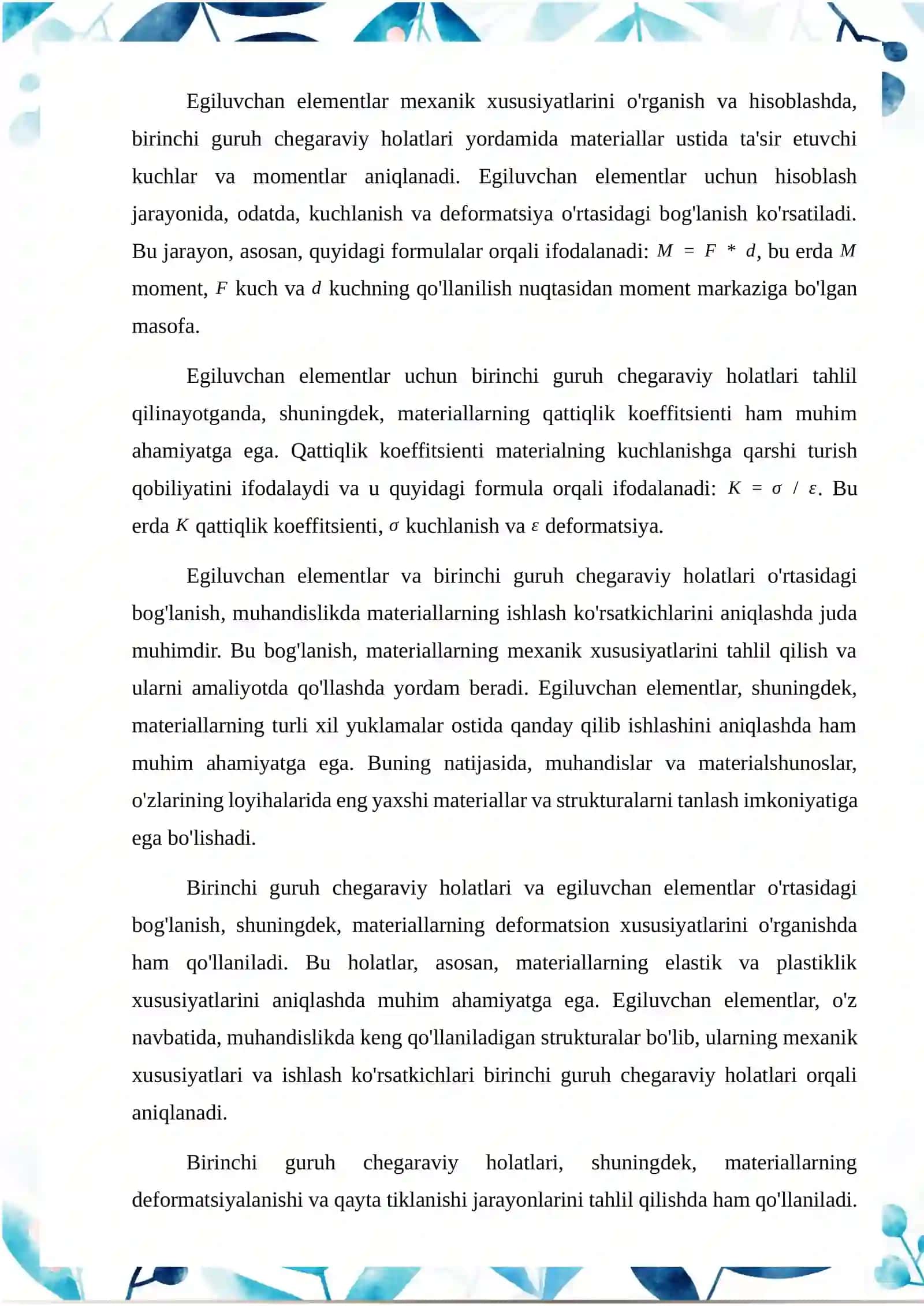 Birinchi guruh chegaraviy holatlari bo' yicha oldindan zo’riqtirilgan egiluvchan elementlarni hisoblash 3