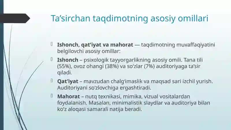 Ishonch, qat’iyat va mahorat - Taqdimotning muvaffaqiyati 3