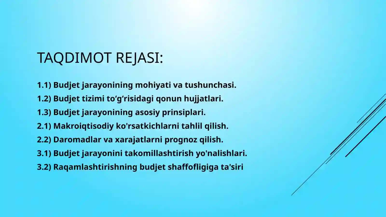 O'zbekiston Respublikasi davlat budjeti jarayonlari TIFT Universiteti Taqdimot 3