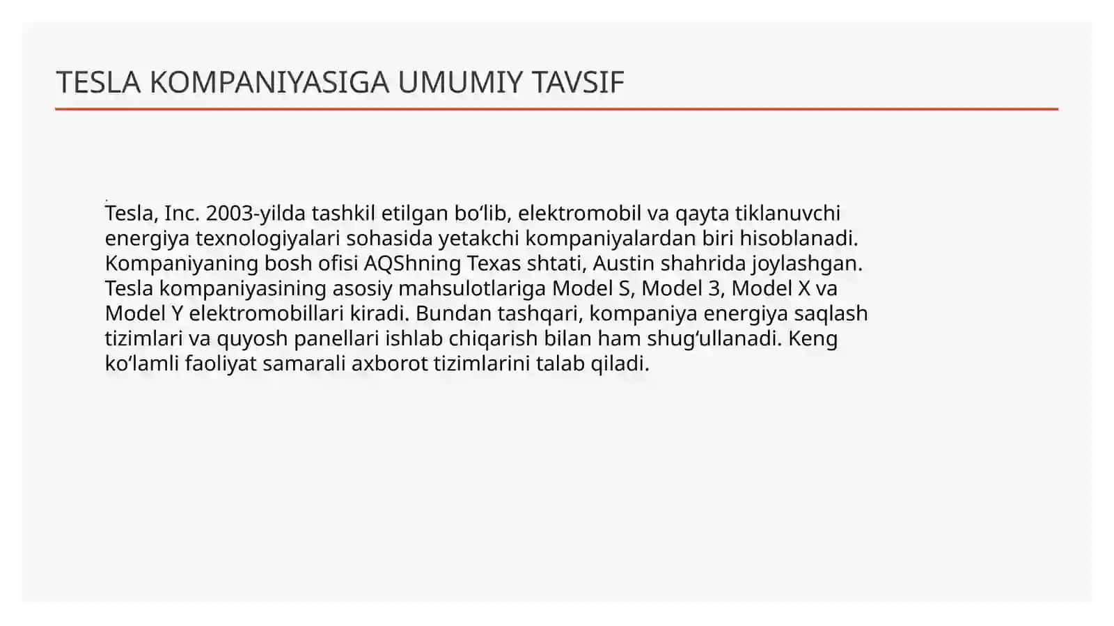 Tesla kompaniyasi ma'lumotlar bazasi ERP tizimi va SQL asosida 3