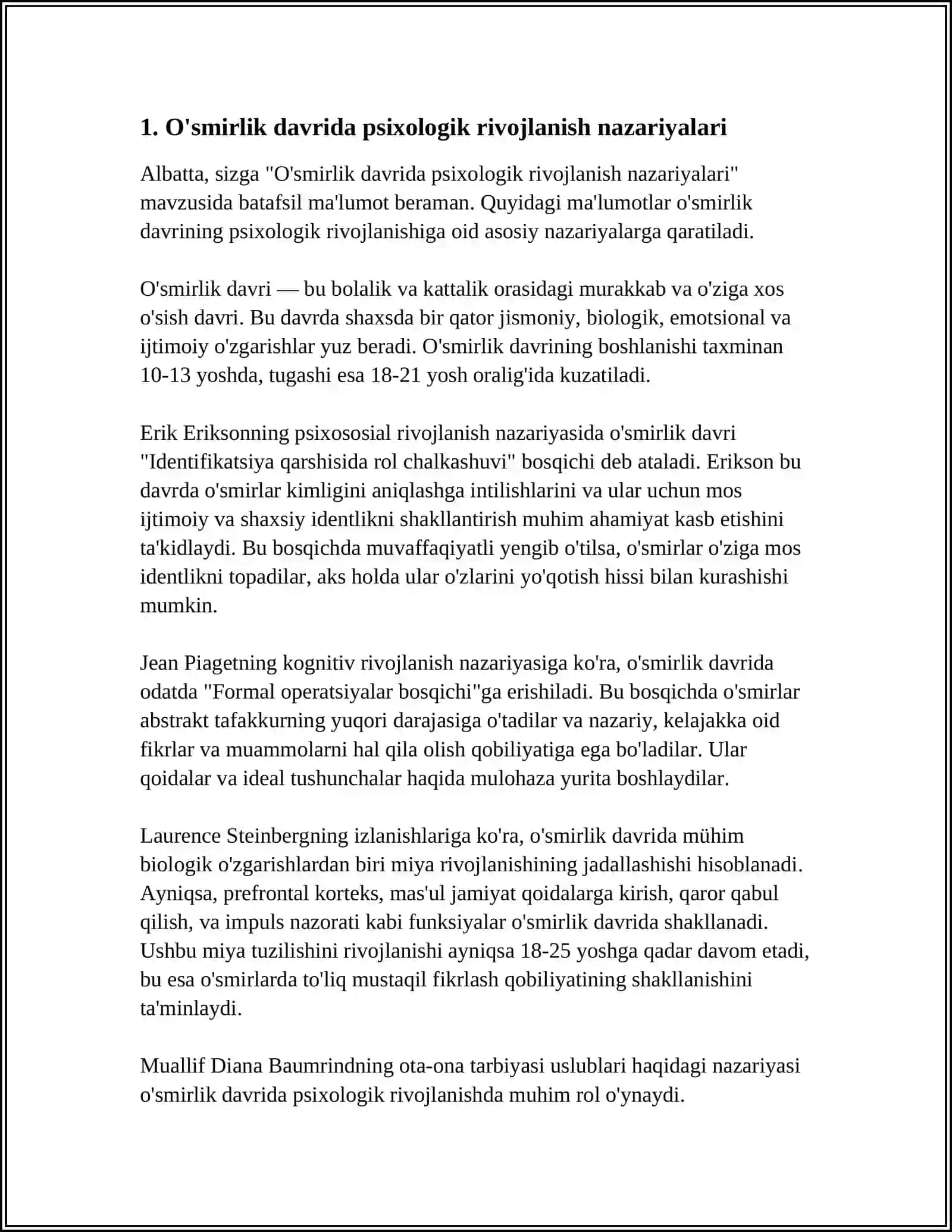 O'SMIRLIK DAVRIDAGI PSIXIK RIVOJLANISH,O'SPIRINLIK VA O'SMIRLIK DAVRI O'RTASIDAGI FARQLAR MAVZUSIGA OID ADABIYOTLAR RO'YXATINI TUZISH 3
