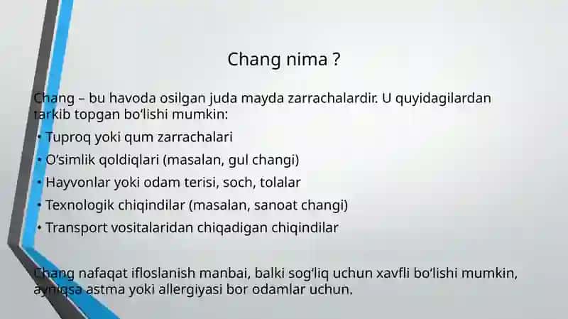 Changga oid patologiyalar. Ishchi zonasi havosining changlanganligini aniqlash 3