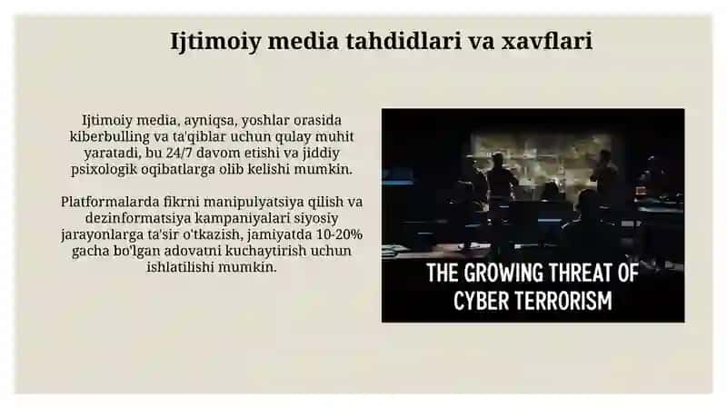 Ijtimoiy mediada taxdid va xavf xatarlar va Kiberterrorizm 3
