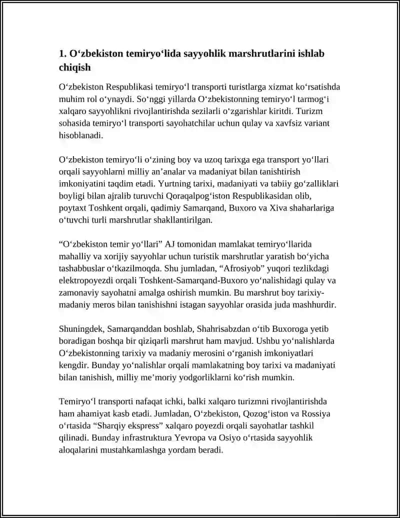 OʻZBEKISTON RESPUBLIKASI TEMIRYOʻL TRANSPORTI TURISTLARGA XIZMAT KOʻRSATISH 3