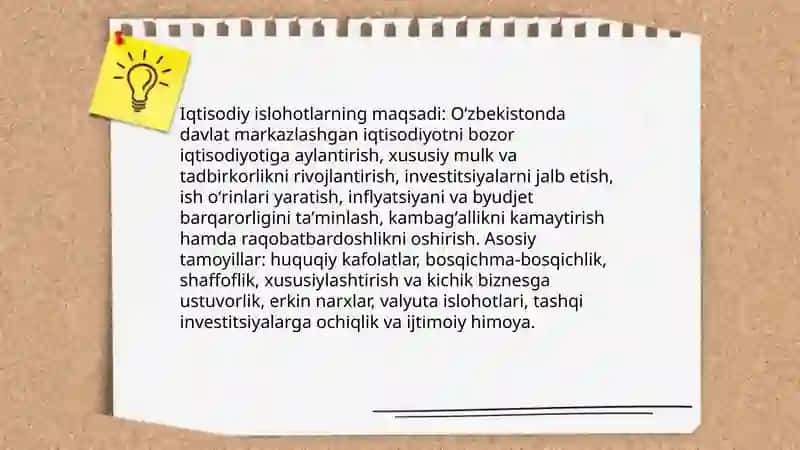 Iqtisodiy islohotlar. Xususiy mulkning shakllanishi. Oʻzbekiston da bozor munosabatlar shakllanishi ba bosqichlari 3