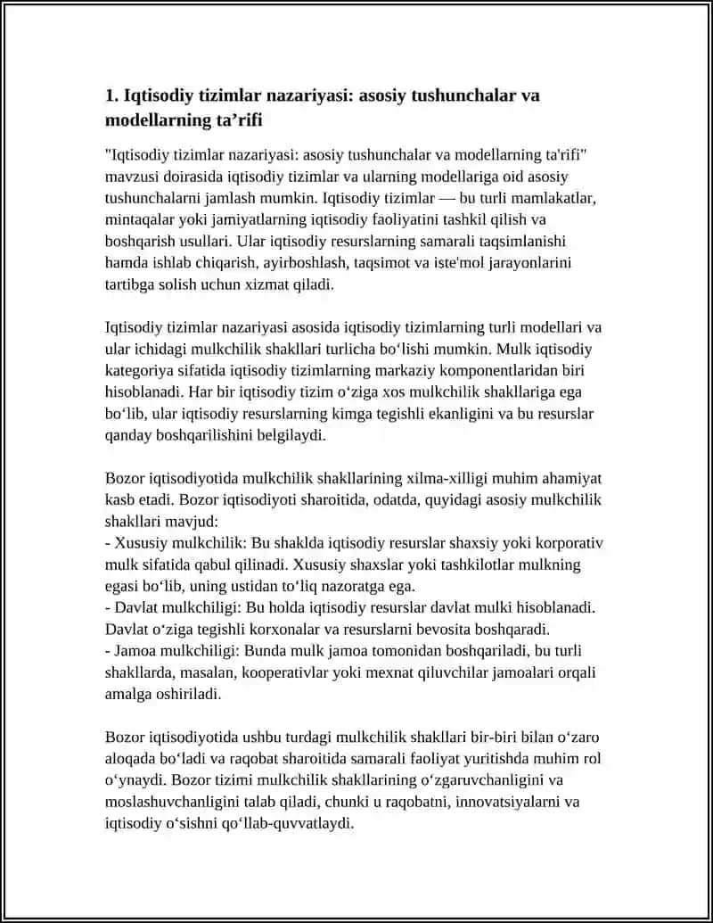 QTISODIY TIZIMLAR VA ULARNING MODELLARI. MULK IQTISODIY KATEGORIYA SIFATIDA. BOZOR IQTISODIYOTIDA MULKCHILIK SHAKLLARINING XILMA-XILLIGI 3