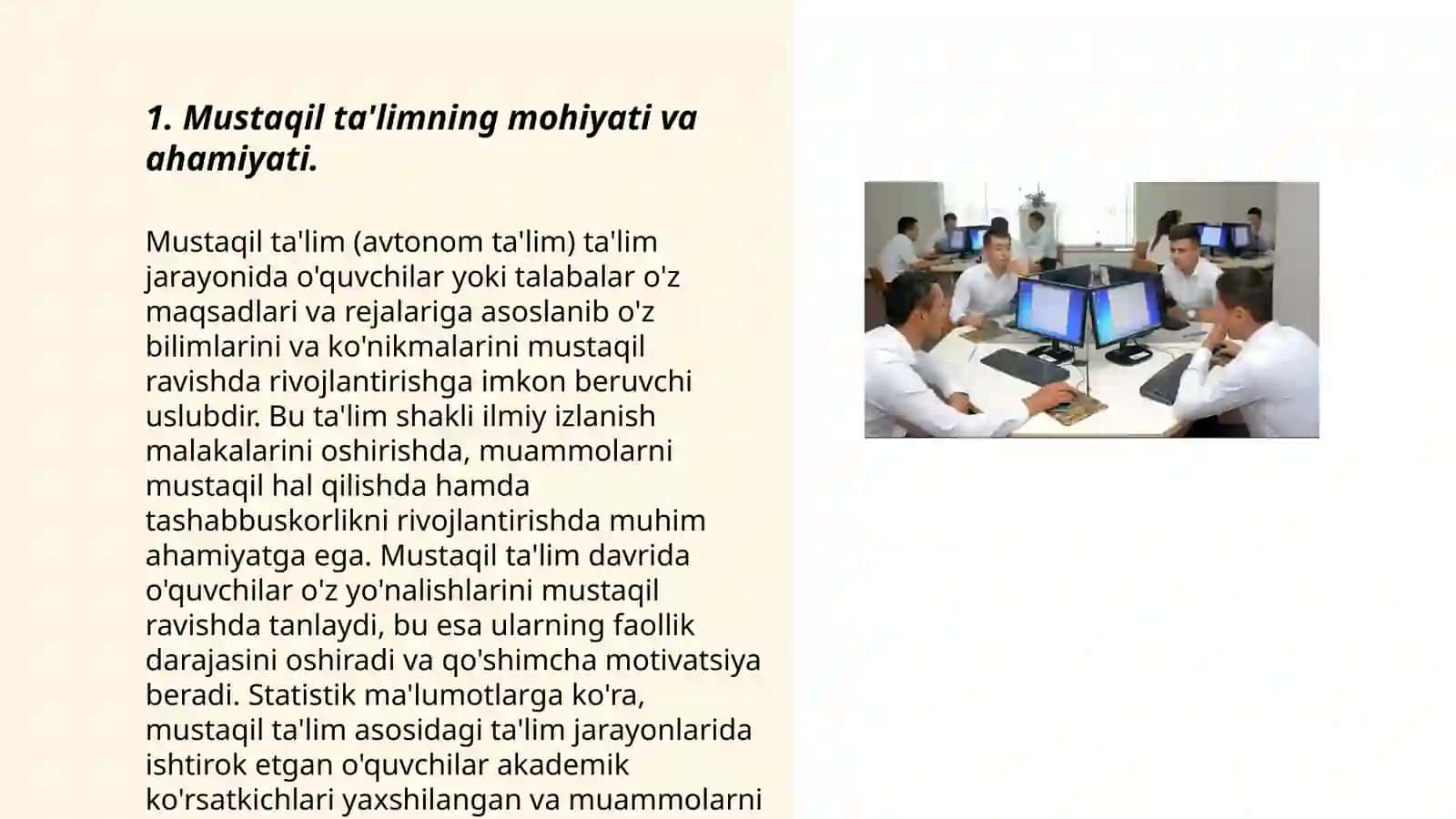 Talabalarning mustaqil ishi va mustaqil mashg'ulotlarni tashkil etishning o'ziga xos xususiyatlari 3