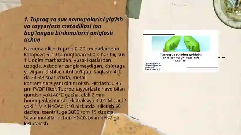 Tuproq va suvni ifloslanishida ion bog'lanishi birikmalarini aniqlab tozalash usulini ishlab chiqish 3