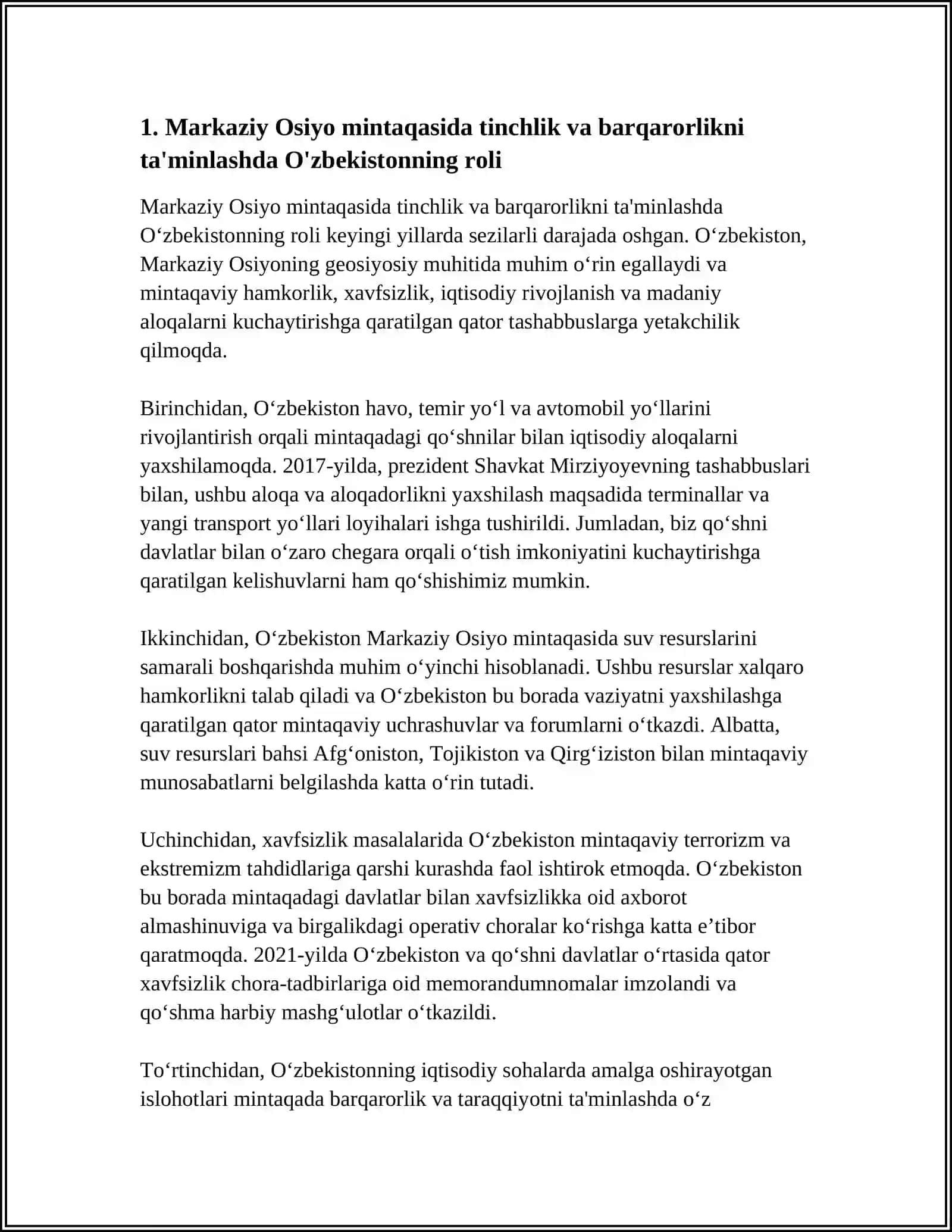 O‘ZBEKISTONNING MARKAZIY OSIYODA TINCHLIK VA BARQARORLIKNI ÒRNATISHNING ASOSIY ÒRNI 3