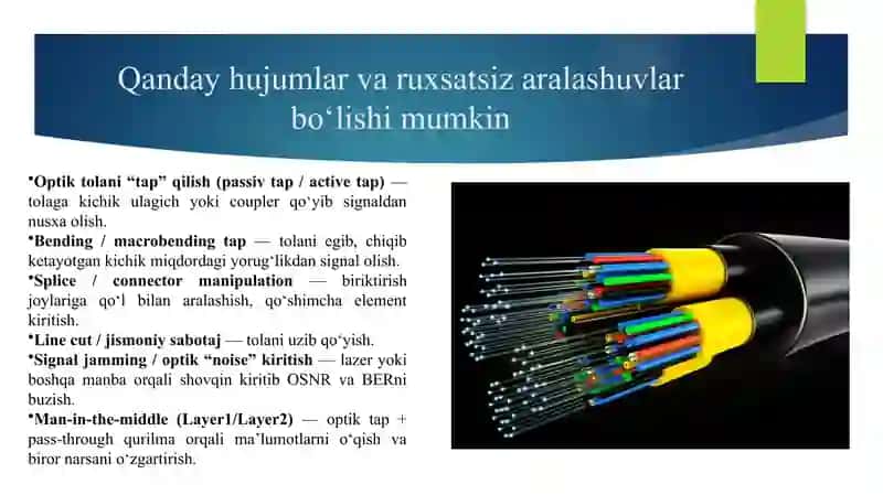 Optik aloqa tarmoqlarida axborot xavfsizligiga va axborotlarni ruxsatsiz olish, buzish, to‘xtatib qo‘yish jarayonlarini aniqlash, o‘lchash va baho berish. 3