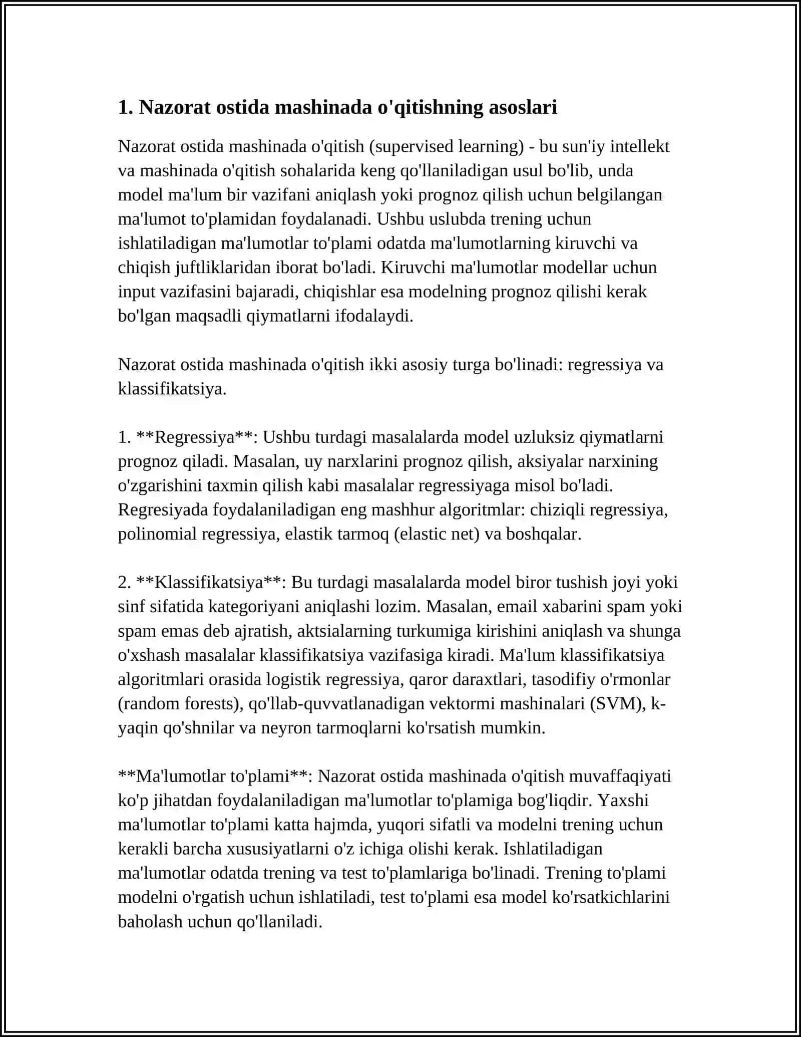 MUSTAQIL ISH Mavzu: MASHINADA O'QITISH TURLARI: NAZORAT OSTIDA 3