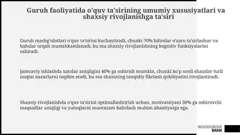 Guruh faoliyatda va shaxsning rivojlanishida trening effektini umumiy xarakteristikasi 3