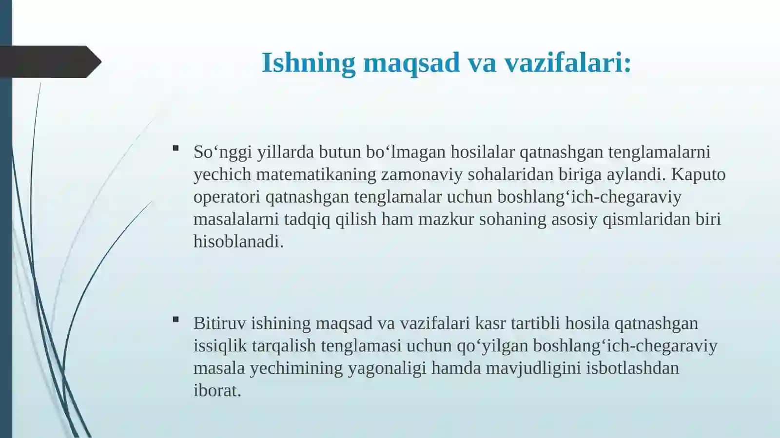 KAPUTO KASR HOSILASI QATNASHGAN ISSIQLIK TARQALISH TENGLAMASI UCHUN BOSHLANG‘ICH-CHEGARAVIY MASALA 3