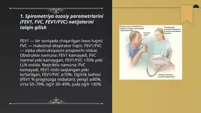 Nafas a`zolari kassaliklaridagi funksional-instrumental tekshiruvlar (spirometriya,pnevmotaxometriya,oksigemometriya)natijalarini interpretatsiyasi 3