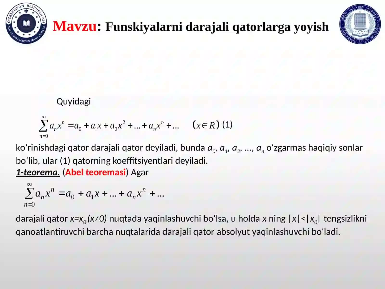 Funskiyalarni darajali qatorlarga yoyish 3