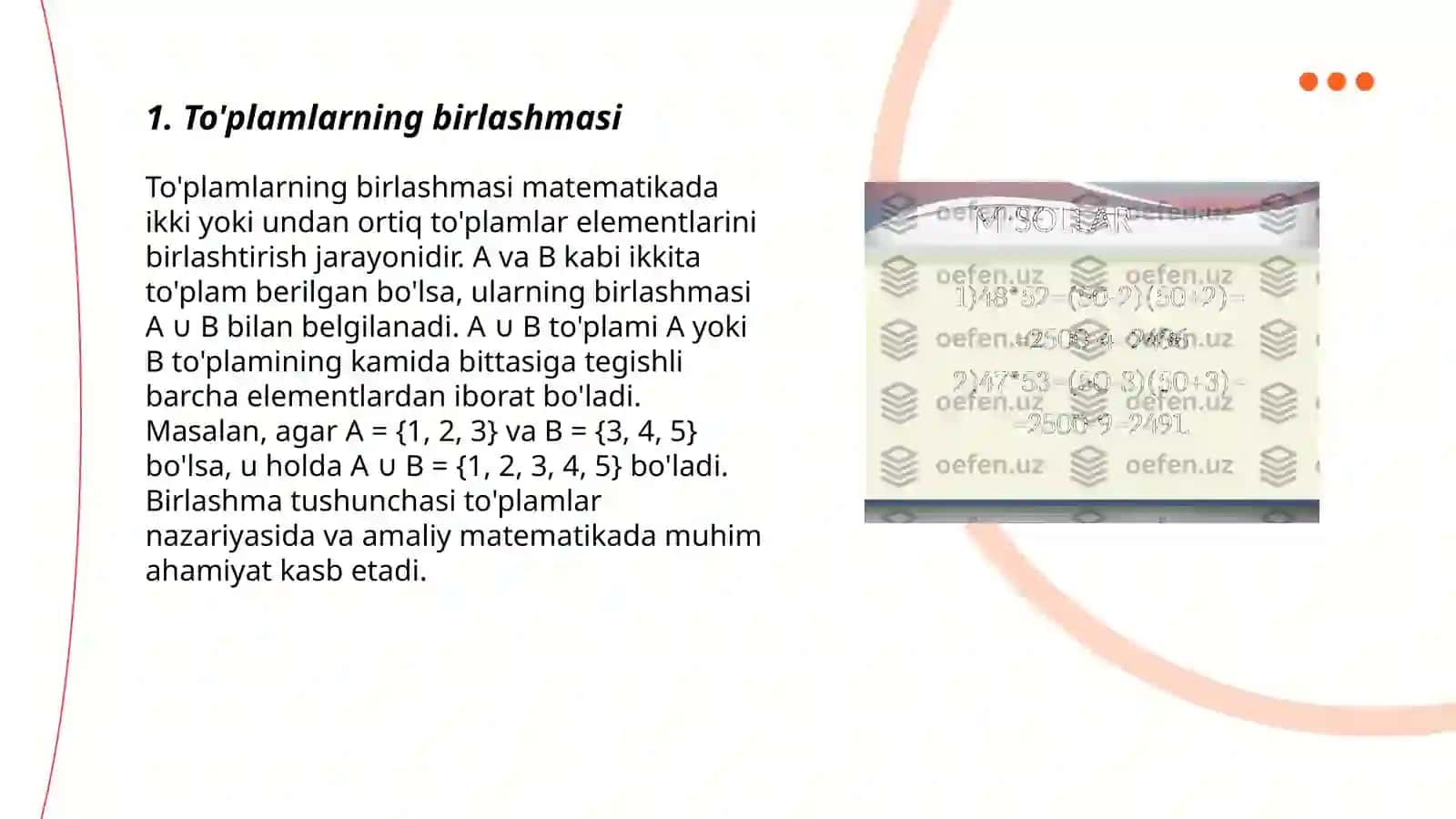 To'plamlarning birlashmasi, ayirmasi va kesishmasi 3