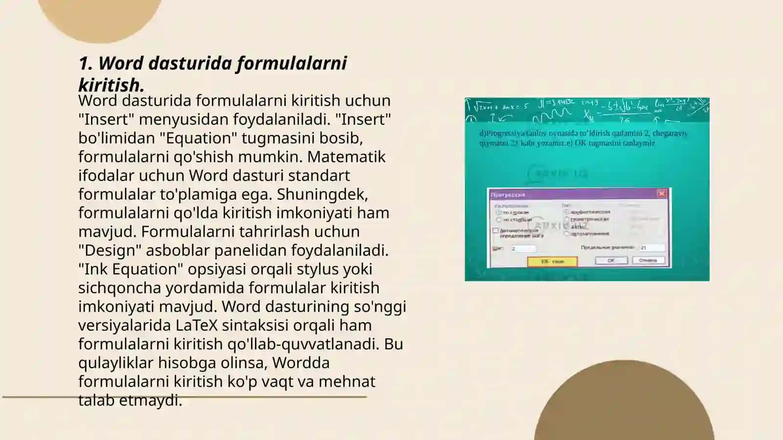 Word dasturida formula va obʼektlar bilan ishlash.Exsel dasturida amaliy masalalarini yechish 3