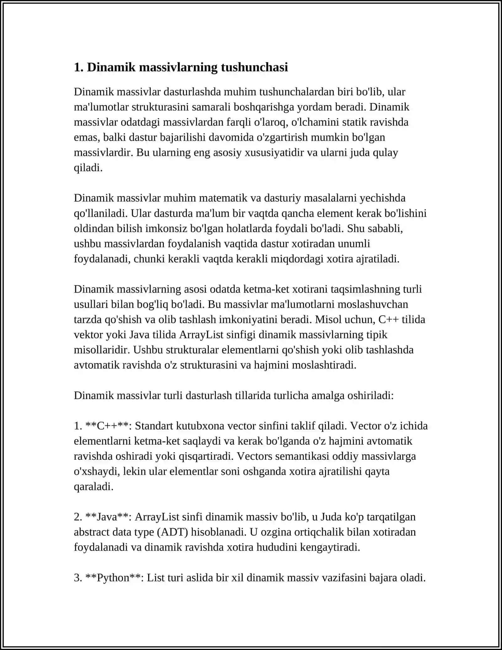 DINAMIK MASSIVLAR.BIR O'LCHAMLI VA KO'P O'LCHAMLI MASSIVLAR 3