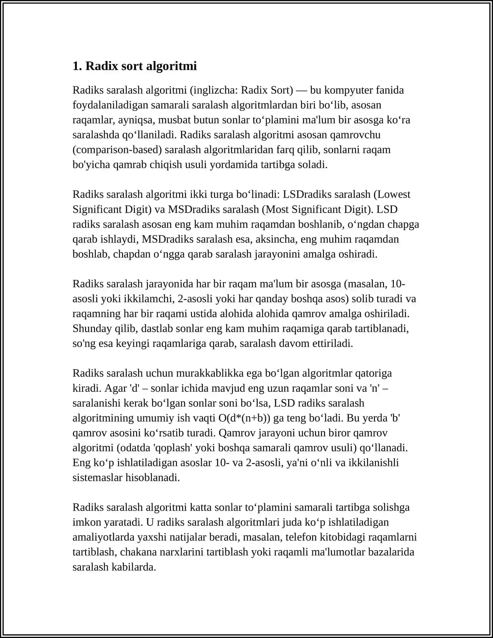 RADIX SORT VA CHIZIQLI QIDIRUV 3