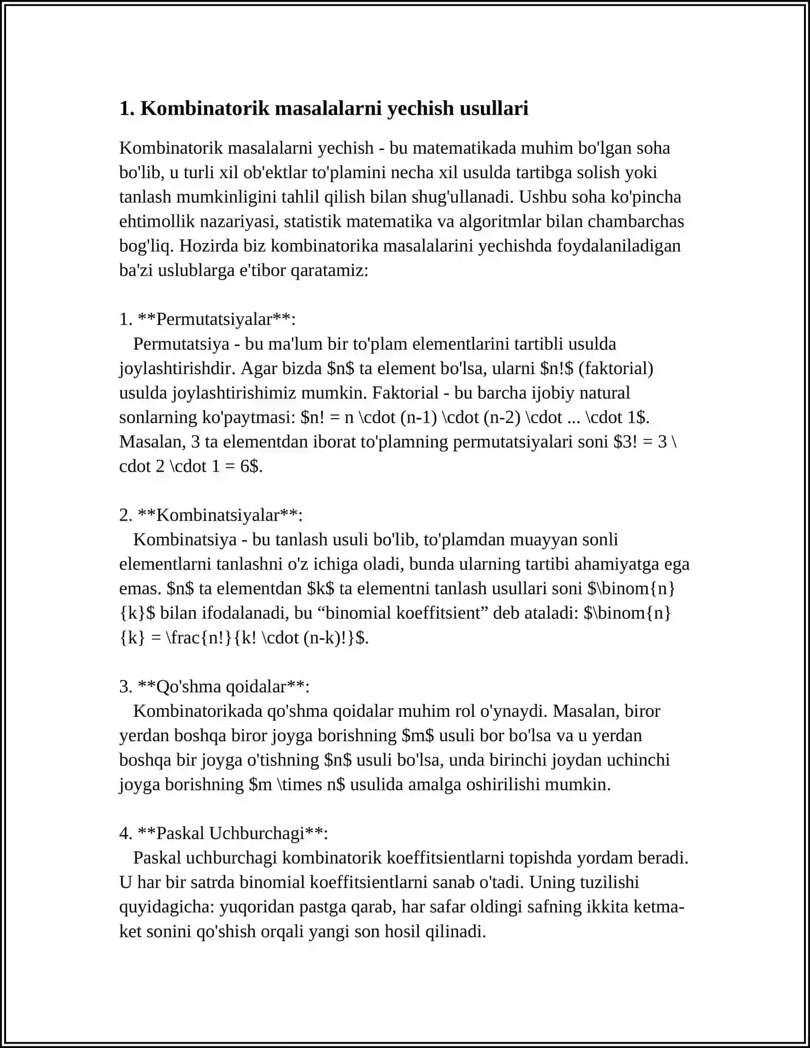KAMBINATO'RIKA MAVZUSIDAGI FO'RMULALAR YORDAMIDA YECHILADIGAN MASALALAR TUZISH 3