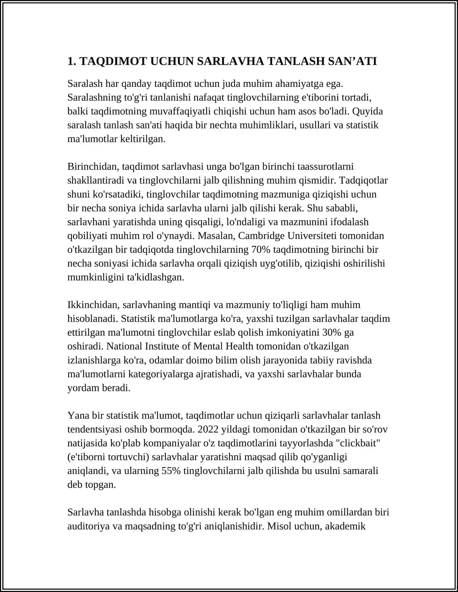 MUSTAQIL ISH Mavzu: TAQDIMOTDA KOPIYALASHTIRISH. SARLAVHALAR. SARLAVHALAR TUZISH AMALIYOTI 3