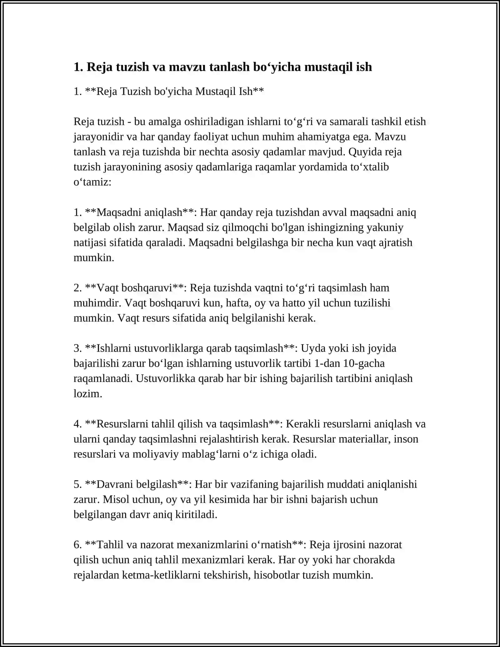 Reja Tuzish bo'yicha Mustaqil Ish 3