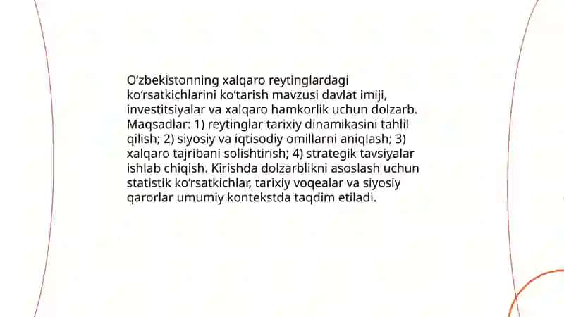 O'zbekistonning xalqaro reytinglardagi ko'rsatkichlarini ko'tarishning tarixiy va siyosiy ahamiyati mavzusiga reja asosida foydalanilgan adabiyotlar ro'yxati 3