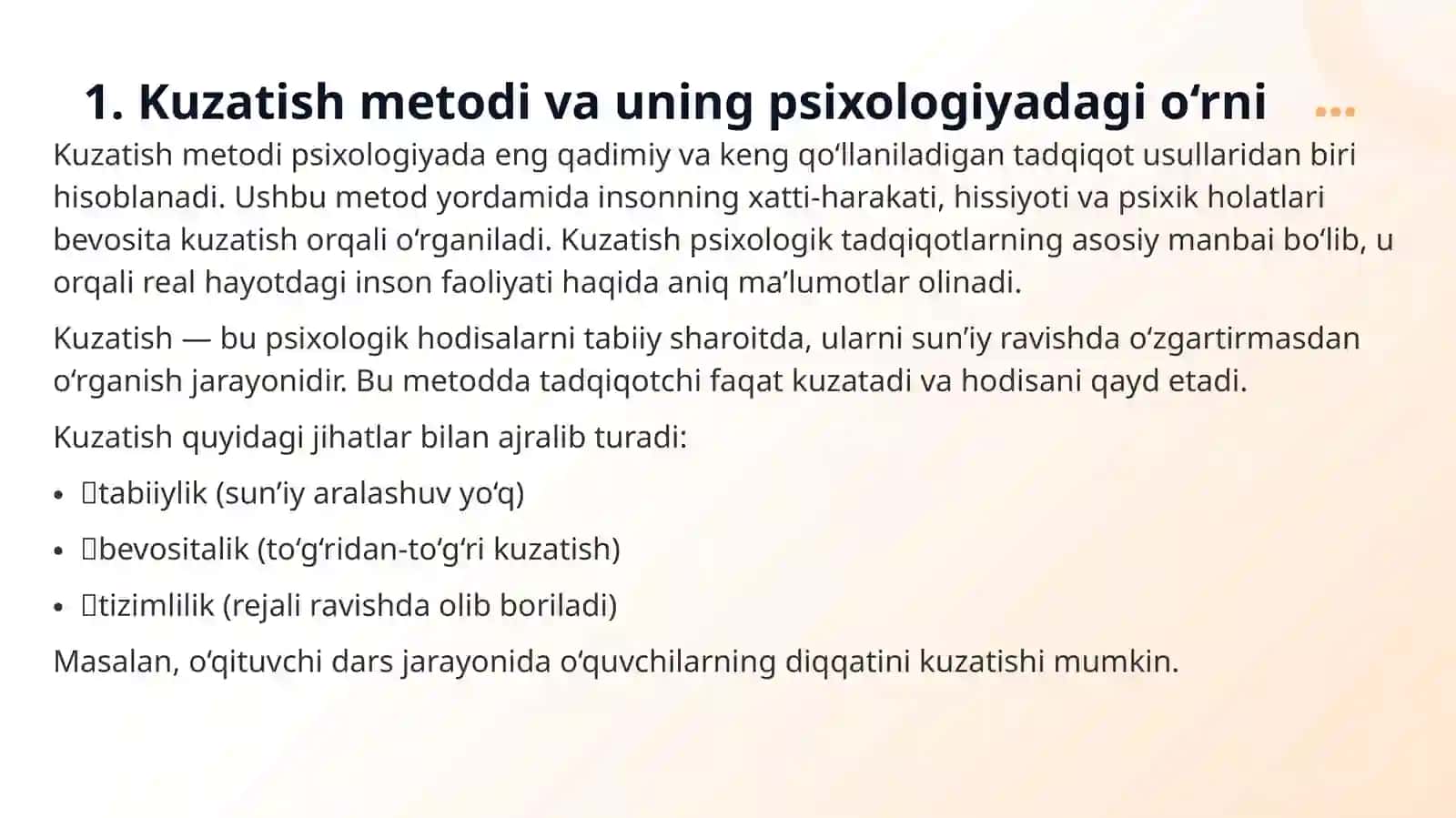 Kuzatish, suhbat va faoliyat mahsulini tahlil qilish, psixologiya metodlari. 3