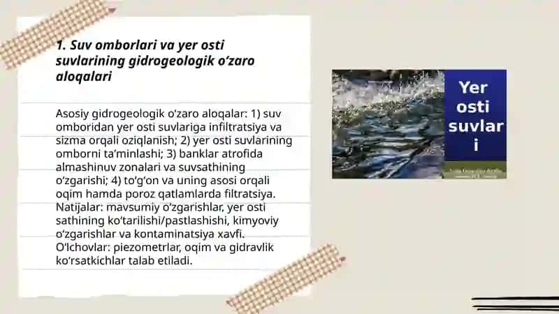 Suv omborlari va yer osti suvlarining gidrogeologik oʻzaro aloqasi 3