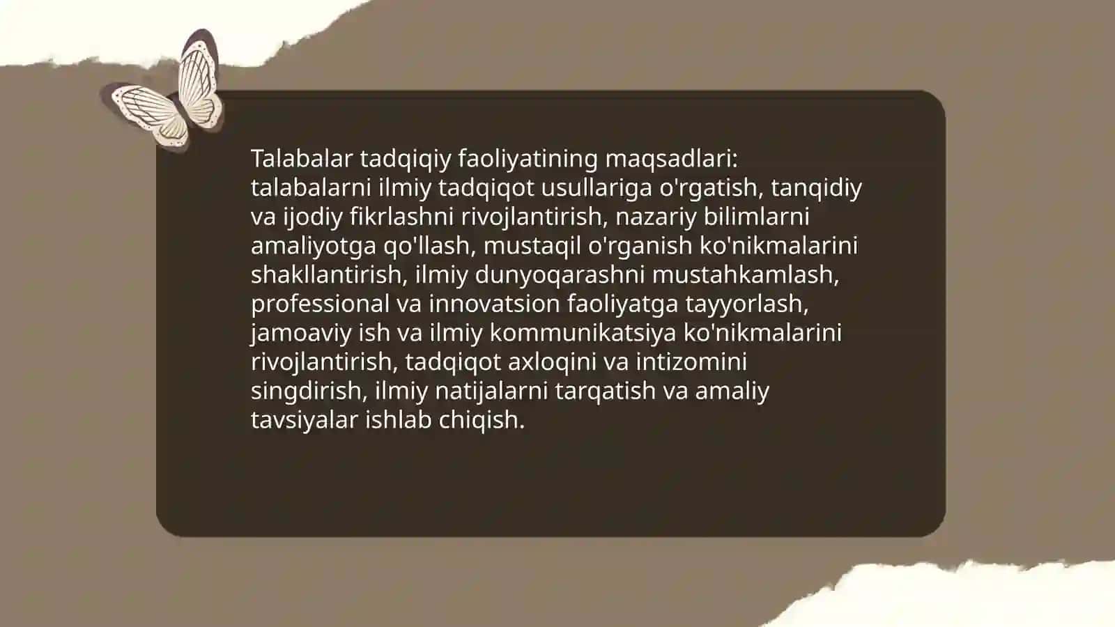 Talabalar tadqiqiy faoliyatini tashkil etishning maqsad va vazifalari, asosiy yo'nalishlari 3
