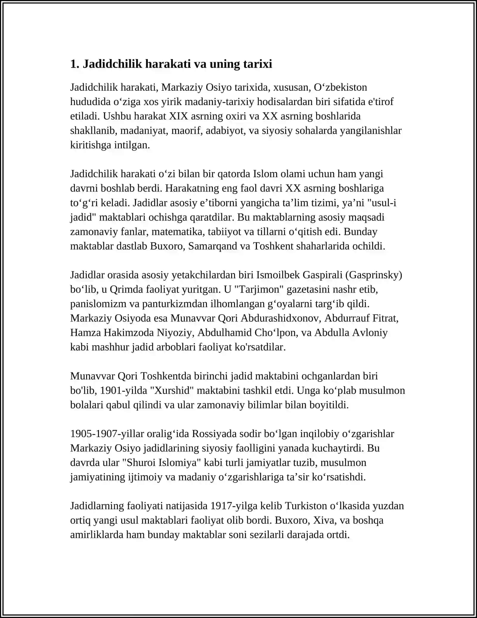 JADID MA'RIFATPARVARLARINING OʻLKA IJTIMOIY-MA'NAVIY HAYOTIDA TUTGAN OʻRNI.(MUNAVVAR QORI, FITRAT, ABDULLA AVLONIY VA BOSHQALAR) 3