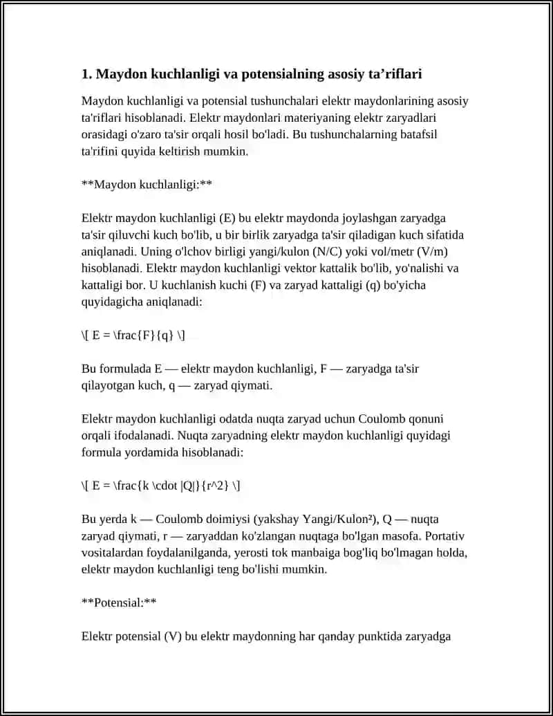 MAYDON KUCHLANGANLIGI BILAN POTENSIONAL O`RTASIDAGI BOG`LANISH 3