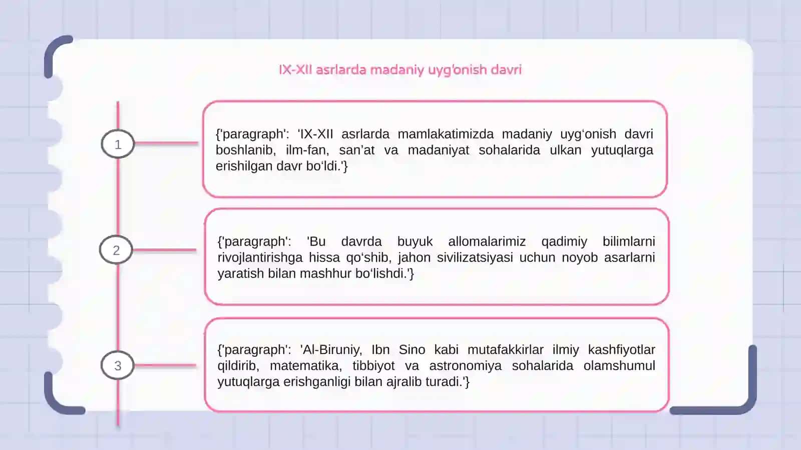 IX-XII asrda mamlakatimizda hududida ro‘y bergan madaniy uyg‘onish va buyuk allomalarimizning jahon sivilizatsiyaga qo‘shgan hissasi 3