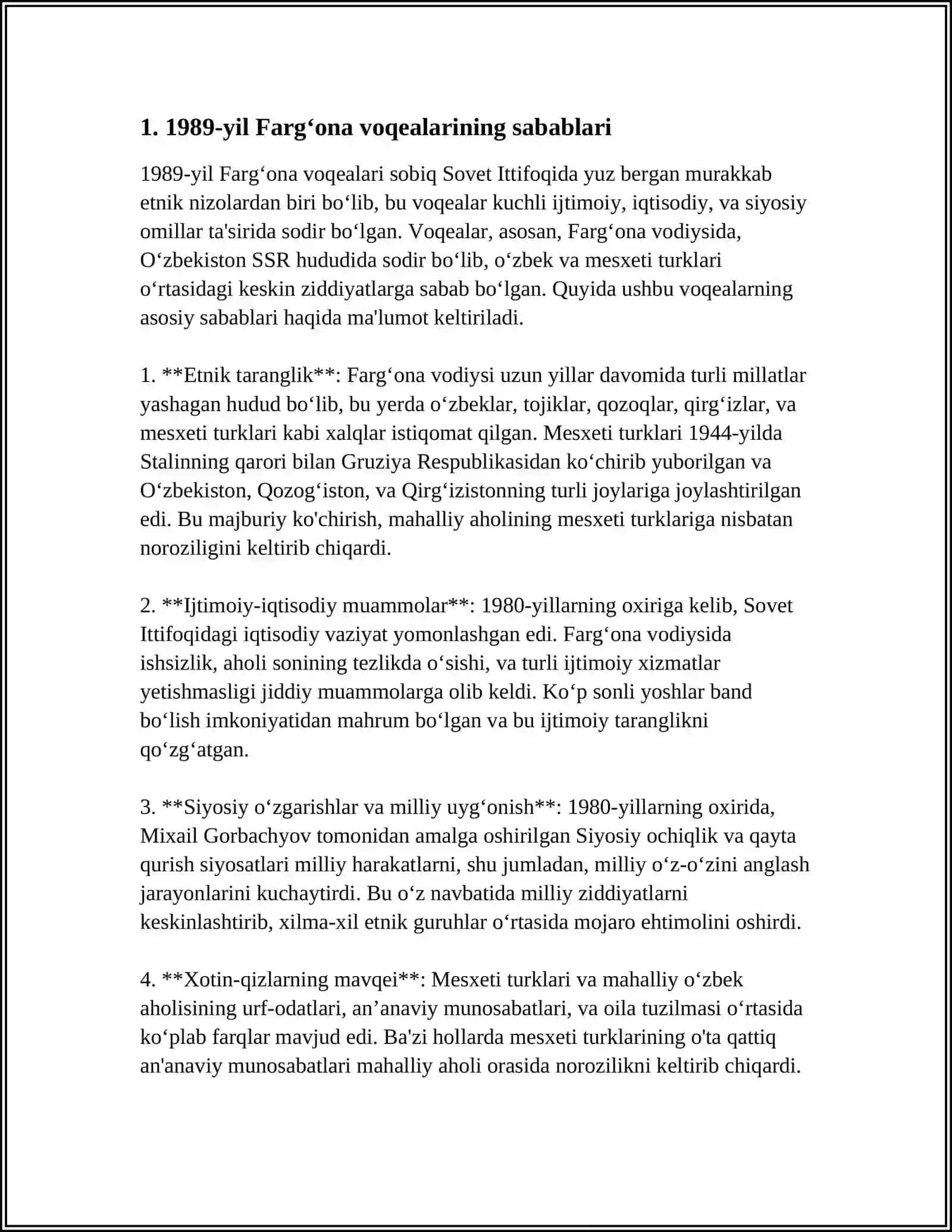 1989-YIL FARGʻONA VOQEALARI.OʻZBEKISTONDA IJTIMOIY INQIROZNING AVJ OLISHI 3
