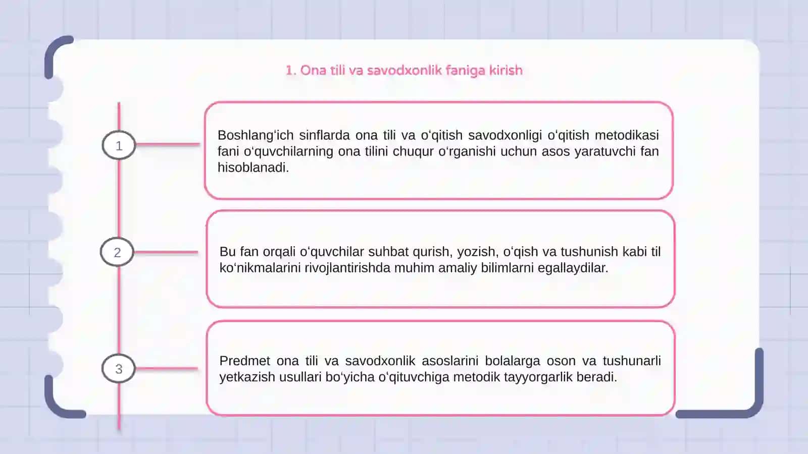 Boshlangʻich sinflarda ona tili va oʻqitish savodxonligi oʻqitish metodikasi fanining predmeti 3