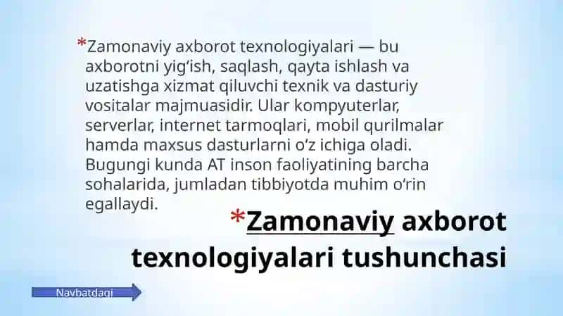 Zamonaviy axborot texnologiyalaridan bugungi kunda foydalanish   darajasi, ularni tibbiyotning turli soxalarida ma’lumotlar   to‘plashda, diagnostika va davolashda tutgan o‘rni. Mobil   ilovalardan foydalanib har xil ko’rinishdagi hujjatlarni yaratish. 3