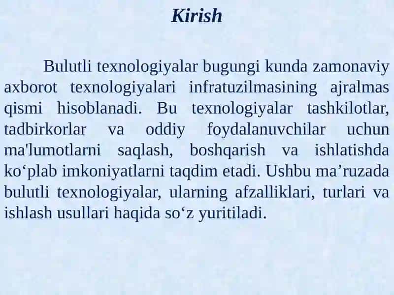 Bulutli texnologiyalar va ular bilan ishlash. Blokcheyn texnologiyasi va undan foydalanish yo‘llari. Elektron biznes va Mobil-tijorat. Axborot  xavfsizligini ta’minlash usullari 3