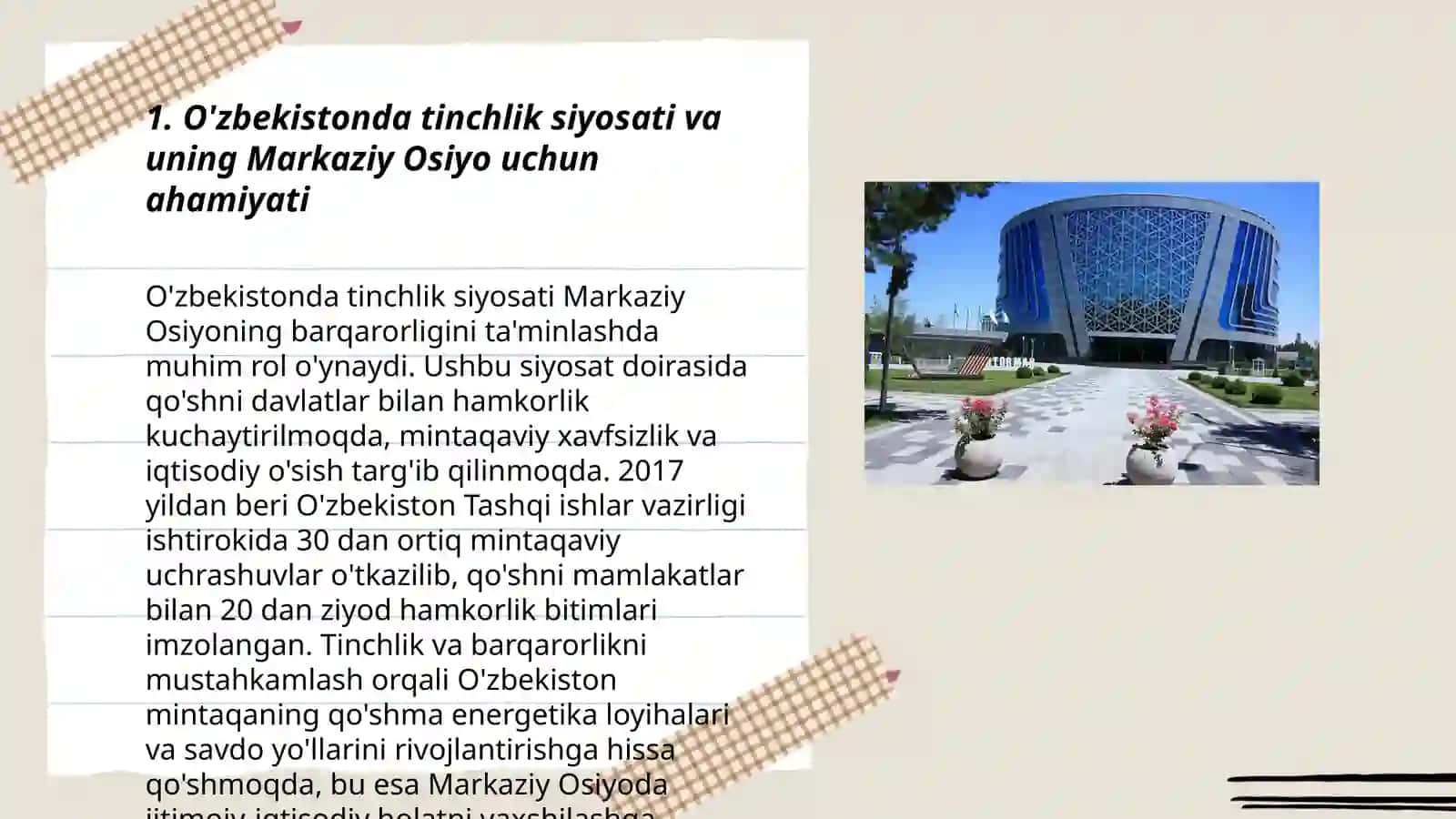 O'zbekistonda Markaziy Osiyoda tinchlik va barqarorlik ta'minlashdagi o'rni 3