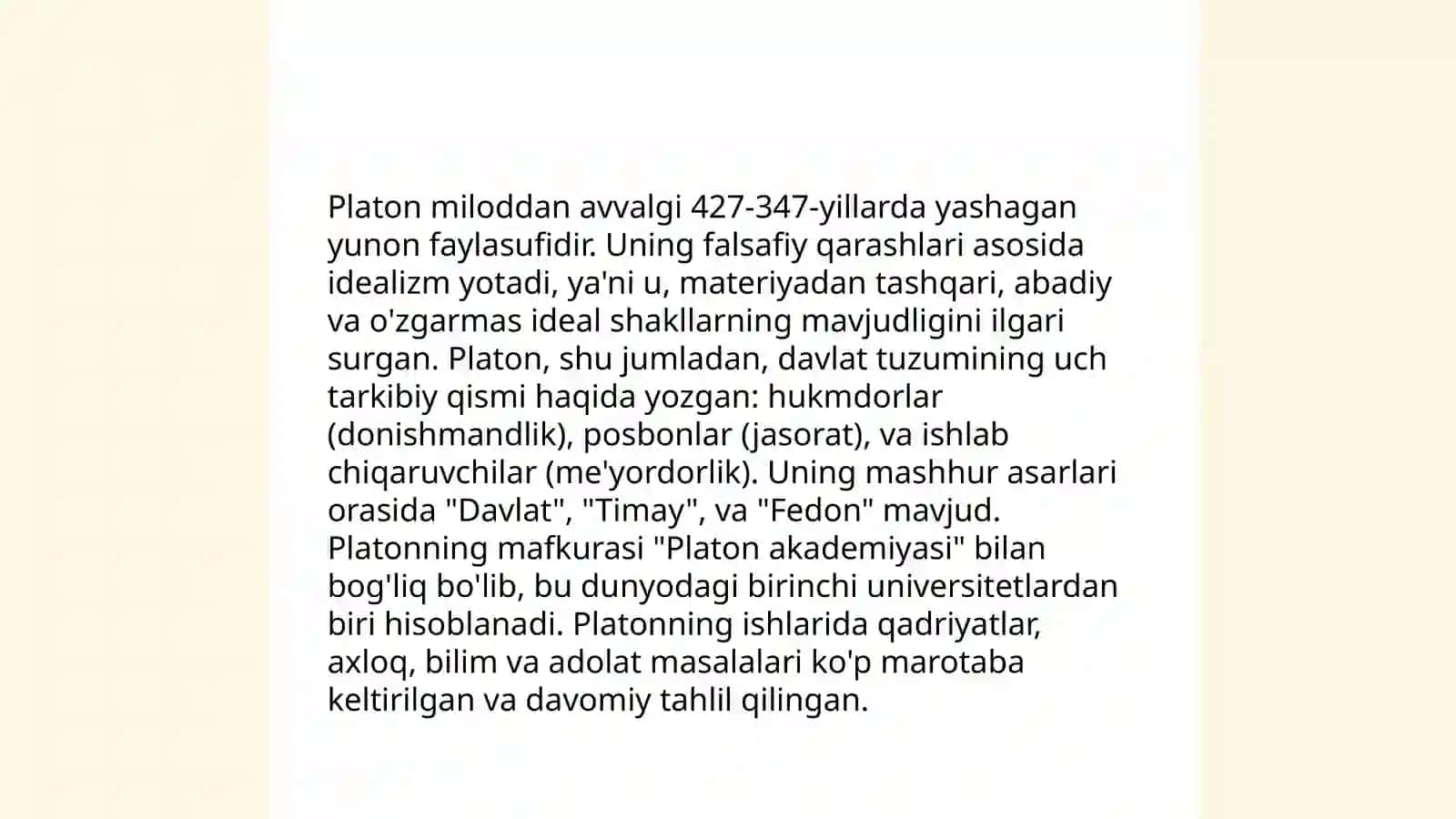 Yevropa mutafakkirlari Platon, R.Dekart va D.Yumning falsafaga oid qarashlarini qiyosiy tahlili. Aristotel, Farobiy va Kant ontologiyasida kategoriyalar tasnifi 3